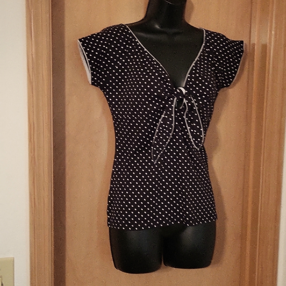 Women's XL Hell Bunny Retro Top Black w/White Polka Dots